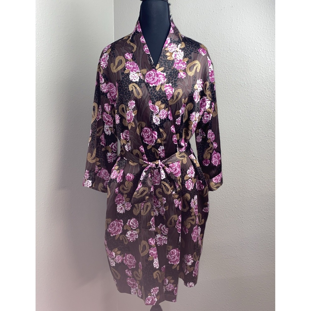 Cabernet Satin Robe Women's Large Brown‎ Floral Pasiley Animal Belted Pockets